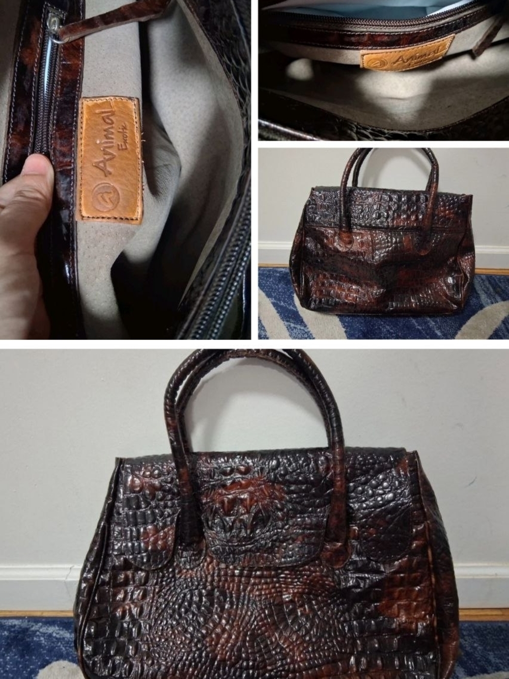 Animal Leather Croc-Embossed Top-Handle Satchel in Dark Brown